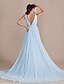 cheap Evening Dresses-A-Line Elegant Formal Evening Black Tie Gala Dress V Neck V Back Low Back Sleeveless Chapel Train Georgette with Pleats 2022