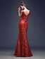 זול שמלות ערב-בתולת ים \ חצוצרה ערב רישמי שמלה עם תכשיטים שרוולים קצרים עד הריצפה תחרה עם פרטים מקריסטל חרוזים נצנצים 2020