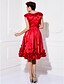 cheap Cocktail Dresses-A-Line Plus Size Dress Cocktail Party Knee Length Short Sleeve Jewel Neck Stretch Satin with Appliques 2022 / Prom