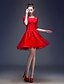 זול שמלות קוקטייל-גזרת A חוֹר הַמַנעוּל מסיבת קוקטייל שמלה אשליה חצי שרוול באורך  הברך תחרה בעיטור חרוזים תחרה מעל טול עם נצנצים אפליקציות 2021