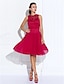 Χαμηλού Κόστους Φορέματα ειδικών περιστάσεων-Γραμμή Α Εφαρμοστό &amp; Εμβαζέ Φόρεμα Αργίες Καλωσόρισμα Μέχρι το γόνατο Αμάνικο Λαιμός ψευδαίσθησης Σιφόν με Δαντέλα Πλισέ 2024
