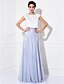 cheap Prom Dresses-A-Line Color Block Dress Holiday Cocktail Party Sweep / Brush Train Short Sleeve Jewel Neck Tulle with Buttons 2023
