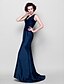 cheap Mother of the Bride Dresses-Mermaid / Trumpet Mother of the Bride Dress Elegant V Neck Sweep / Brush Train Lace Taffeta Sleeveless with Beading 2021