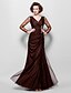 cheap Mother of the Bride Dresses-Sheath / Column Dress Floor Length 3/4 Length Sleeve V Neck Tulle with Crystals Side Draping 2023