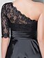 cheap Mother of the Bride Dresses-A-Line One Shoulder Knee Length Lace / Stretch Satin Mother of the Bride Dress with Beading / Lace / Ruched by LAN TING BRIDE® / Illusion Sleeve / See Through