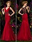 cheap Evening Dresses-Mermaid / Trumpet Prom Formal Evening Military Ball Dress Plunging Neck Sleeveless Sweep / Brush Train Lace Over Tulle with Lace Buttons Crystals 2020