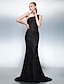 cheap Evening Dresses-Sheath / Column Sparkle &amp; Shine Dress Holiday Cocktail Party Court Train Sleeveless One Shoulder Lace with Beading 2023