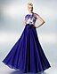 cheap Prom Dresses-A-Line Color Block Prom Dress Jewel Neck Short Sleeve Floor Length Chiffon Lace with Lace