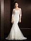 cheap Wedding Dresses-Mermaid / Trumpet Wedding Dresses Scoop Neck Court Train Lace 3/4 Length Sleeve See-Through with Appliques 2021