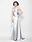 cheap Mother of the Bride Dresses-A-Line V Neck Sweep / Brush Train Stretch Satin Mother of the Bride Dress with Beading / Side Draping / Criss Cross by LAN TING BRIDE®