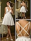 cheap Wedding Dresses-A-Line Wedding Dresses V Neck Short / Mini Stretch Satin Spaghetti Strap Simple Casual Vintage Little White Dress Cute with Draping 2022