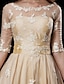 זול שמלות כלה-אולם שמלות חתונה גזרת A סקופ צוואר חצי שרוול באורך  הברך טפטה שמלות כלה עם סרט חרוזים קיץ 2023 מסיבת חתונה, בגדי נשים