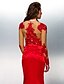 cheap Special Occasion Dresses-Mermaid / Trumpet Chinese Style Holiday Cocktail Party Formal Evening Dress Jewel Neck Long Sleeve Sweep / Brush Train Lace Stretch Satin with Bow(s) Appliques  / Illusion Sleeve