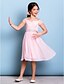 cheap Junior Bridesmaid Dresses-A-Line Off Shoulder Knee Length Chiffon / Lace Junior Bridesmaid Dress with Bow(s) / Crystals / Sash / Ribbon by LAN TING BRIDE® / Natural