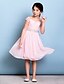 cheap Junior Bridesmaid Dresses-A-Line Off Shoulder Knee Length Chiffon / Lace Junior Bridesmaid Dress with Bow(s) / Crystals / Sash / Ribbon by LAN TING BRIDE® / Natural