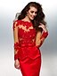 cheap Special Occasion Dresses-Mermaid / Trumpet Chinese Style Holiday Cocktail Party Formal Evening Dress Jewel Neck Long Sleeve Sweep / Brush Train Lace Stretch Satin with Bow(s) Appliques  / Illusion Sleeve