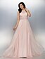 cheap Special Occasion Dresses-A-Line Pastel Colors Formal Evening Dress Illusion Neck Sleeveless Sweep / Brush Train Chiffon with Lace Sash / Ribbon Crystals 2020