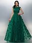 cheap Evening Dresses-A-Line Floral Prom Formal Evening Dress Boat Neck Short Sleeve Floor Length Tulle with Crystals Appliques 2022