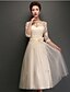 cheap Bridesmaid Dresses-A-Line Jewel Neck Tea Length Tulle Bridesmaid Dress with Appliques / Lace by