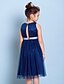 זול שמלות שושבינה צעירה-גזרת A באורך  הברך עם תכשיטים טול שמלות ושמלות שושבינה ג&#039;וניור עם סרט כחול שמלת אורח לחתונה לילדים 4-16 שנה