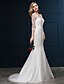 abordables Robes de Mariée-Wedding Dresses Mermaid / Trumpet V Neck 3/4 Length Sleeve Sweep / Brush Train Lace Over Tulle Bridal Gowns With Beading Appliques 2024