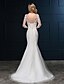 abordables Robes de Mariée-Wedding Dresses Mermaid / Trumpet V Neck 3/4 Length Sleeve Sweep / Brush Train Lace Over Tulle Bridal Gowns With Beading Appliques 2024