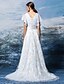 cheap Wedding Dresses-A-Line Wedding Dresses V Neck Sweep / Brush Train Chiffon Short Sleeve Floral Lace with Sash / Ribbon Beading Appliques 2020