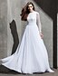 cheap Wedding Dresses-A-Line Wedding Dresses Jewel Neck Sweep / Brush Train Tulle Lace Bodice Long Sleeve See-Through with Sash / Ribbon Button 2022