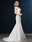 cheap Wedding Dresses-Wedding Dresses Mermaid / Trumpet V Neck 3/4 Length Sleeve Sweep / Brush Train Lace Over Tulle Bridal Gowns With Beading Appliques 2024