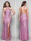 cheap Evening Dresses-Sheath / Column Beautiful Back Prom Formal Evening Military Ball Dress High Neck Sleeveless Floor Length Sequined with Crystals Beading Split Front 2020