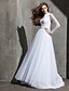 cheap Wedding Dresses-A-Line Wedding Dresses Jewel Neck Sweep / Brush Train Tulle Lace Bodice Long Sleeve See-Through with Sash / Ribbon Button 2022