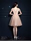 preiswerte Cocktailkleider-A-Linie Cocktailparty Kleid U-Ausschnitt Kurzarm Kurz / Mini Tüll mit Spitze Kristall Verzierung 2020