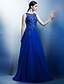 cheap Evening Dresses-A-Line Elegant Floral Prom Formal Evening Dress Boat Neck Sleeveless Floor Length Chiffon Beaded Lace with Appliques 2020