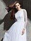 cheap Wedding Dresses-A-Line Wedding Dresses Jewel Neck Sweep / Brush Train Tulle Lace Bodice Long Sleeve See-Through with Sash / Ribbon Button 2022