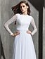 cheap Wedding Dresses-A-Line Wedding Dresses Jewel Neck Sweep / Brush Train Tulle Lace Bodice Long Sleeve See-Through with Sash / Ribbon Button 2022