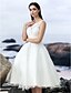 baratos Vestidos de Casamento-Vestidos de noiva linha a, decote barco, altura do joelho, organza, alças regulares, formal, casual, pequeno vestido branco, detalhe ilusão, costas nuas, com inserção de renda