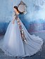 cheap Evening Dresses-Ball Gown Floral Dress Formal Evening Chapel Train Half Sleeve V Neck Satin with Flower 2024