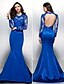 cheap Special Occasion Dresses-Mermaid / Trumpet Illusion Neck Court Train Lace Over Satin Open Back Formal Evening Dress with Beading / Appliques by TS Couture® / Illusion Sleeve