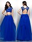 baratos Vestidos para Ocasiões Especiais-Duas Peças Linha A Costas Lindas Vestido Baile de Formatura Noite Formal Longo Manga Curta Ilusão Decote Tule com Miçangas Apliques 2024