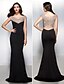 Χαμηλού Κόστους Βραδινά Φορέματα-Τρομπέτα / Γοργόνα Όμορφη Πλάτη Φόρεμα Επίσημο Βραδινό Μαύρο γκαλά Ουρά Κοντομάνικο Λαιμόκοψη V Ζέρσεϊ με Χάντρες 2024