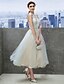 cheap Special Occasion Dresses-A-Line Open Back Dress Holiday Tea Length Sleeveless Illusion Neck Tulle with Appliques 2022