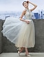 cheap Special Occasion Dresses-A-Line Open Back Dress Holiday Tea Length Sleeveless Illusion Neck Tulle with Appliques 2022