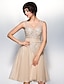 cheap Special Occasion Dresses-A-Line Fit &amp; Flare Holiday Cocktail Party Prom Dress Illusion Neck Sleeveless Knee Length Tulle with Appliques