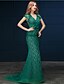 cheap Evening Dresses-Mermaid / Trumpet Formal Evening Black Tie Gala Dress V Neck Sleeveless Sweep / Brush Train Lace with Pearls Appliques 2020