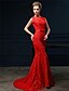 tanie Suknie wieczorowe-Syrena Kolacja oficjalna Sukienka Zaokrąglony Bez rękawów Tren sweep Koronka z Kokardki Cekin 2020