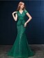 cheap Evening Dresses-Mermaid / Trumpet Formal Evening Black Tie Gala Dress V Neck Sleeveless Sweep / Brush Train Lace with Pearls Appliques 2020