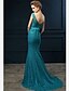 cheap Evening Dresses-Mermaid / Trumpet Formal Evening Dress Scoop Neck Sweep / Brush Train Lace with Bow(s) Beading 2020