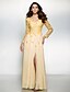 cheap Evening Dresses-A-Line Furcal Formal Evening Dress V Neck Long Sleeve Floor Length Chiffon Lace with Appliques
