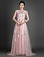 cheap Evening Dresses-A-Line Sheath / Column Formal Evening Dress Jewel Neck Court Train Tulle with Sash / Ribbon Buttons Beading 2020