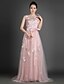 cheap Evening Dresses-A-Line Sheath / Column Formal Evening Dress Jewel Neck Court Train Tulle with Sash / Ribbon Buttons Beading 2020